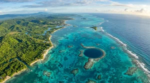 Aerial panoramic map view of Belize showing the Caribbean coastline and Great Blue Hole barrier reef