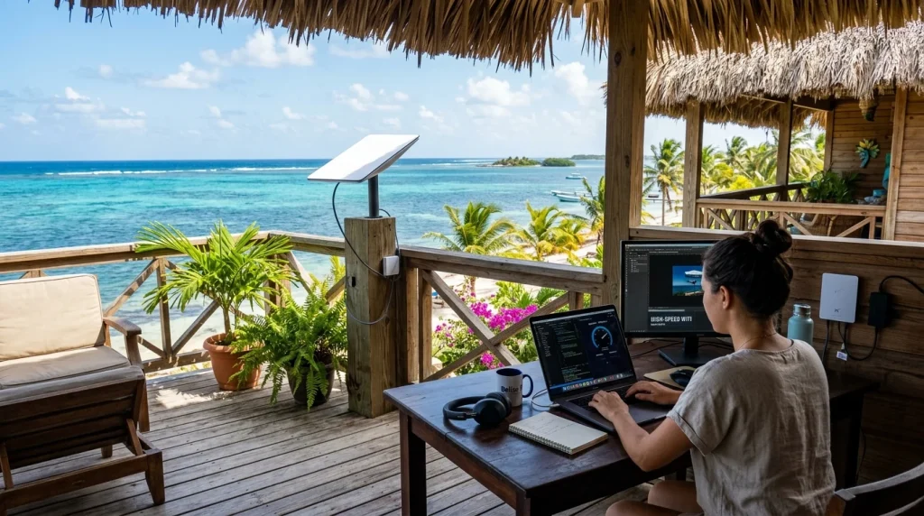 Starlink satellite dish setup on a tropical veranda in Belize with high speed wifi for digital nomads