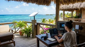 Starlink satellite dish setup on a tropical veranda in Belize with high speed wifi for digital nomads
