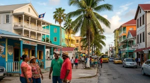 Belize City colorful street scene with historic colonial architecture and locals speaking English and Kriol